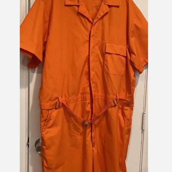 Vtg Bright Orange Coveralls Jumpsuit Uniform Sz XXL ToppMaster Mod Disco Costume - Picture 3 of 6
